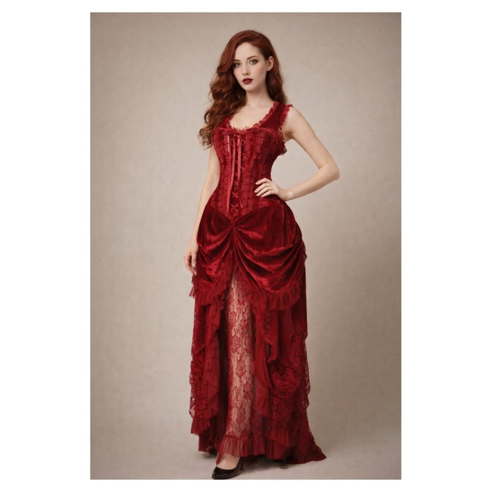Steel Boned Dark Red Velvet Victorian Bustle Corset Dress
